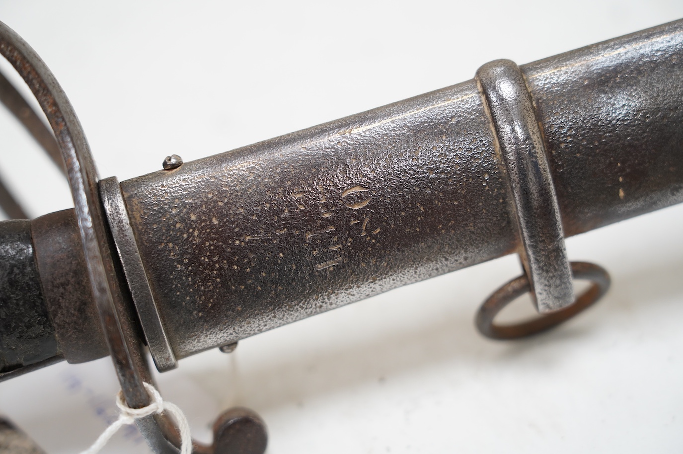 An 1821 pattern British light cavalry trooper’s sword with scabbard, blade 88.5cm. Condition - fair, pitted and with edge nicks to blade